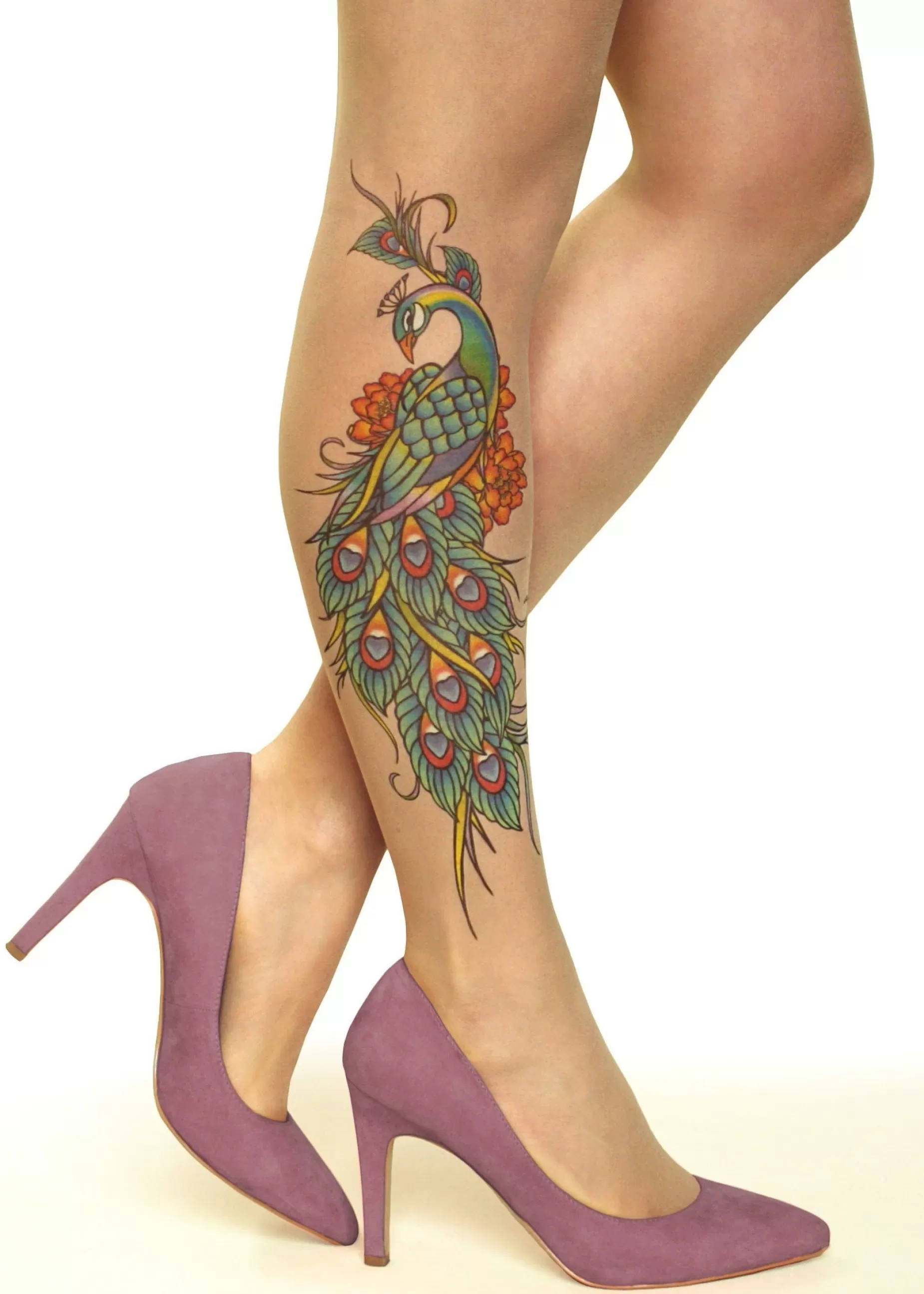 Animal Print Tights | Stop & Stare Peacock Charm Tattoo Tights By Sun: Medium Tan With Peachy Brown Tones For A Healthy Sun Tan Effect