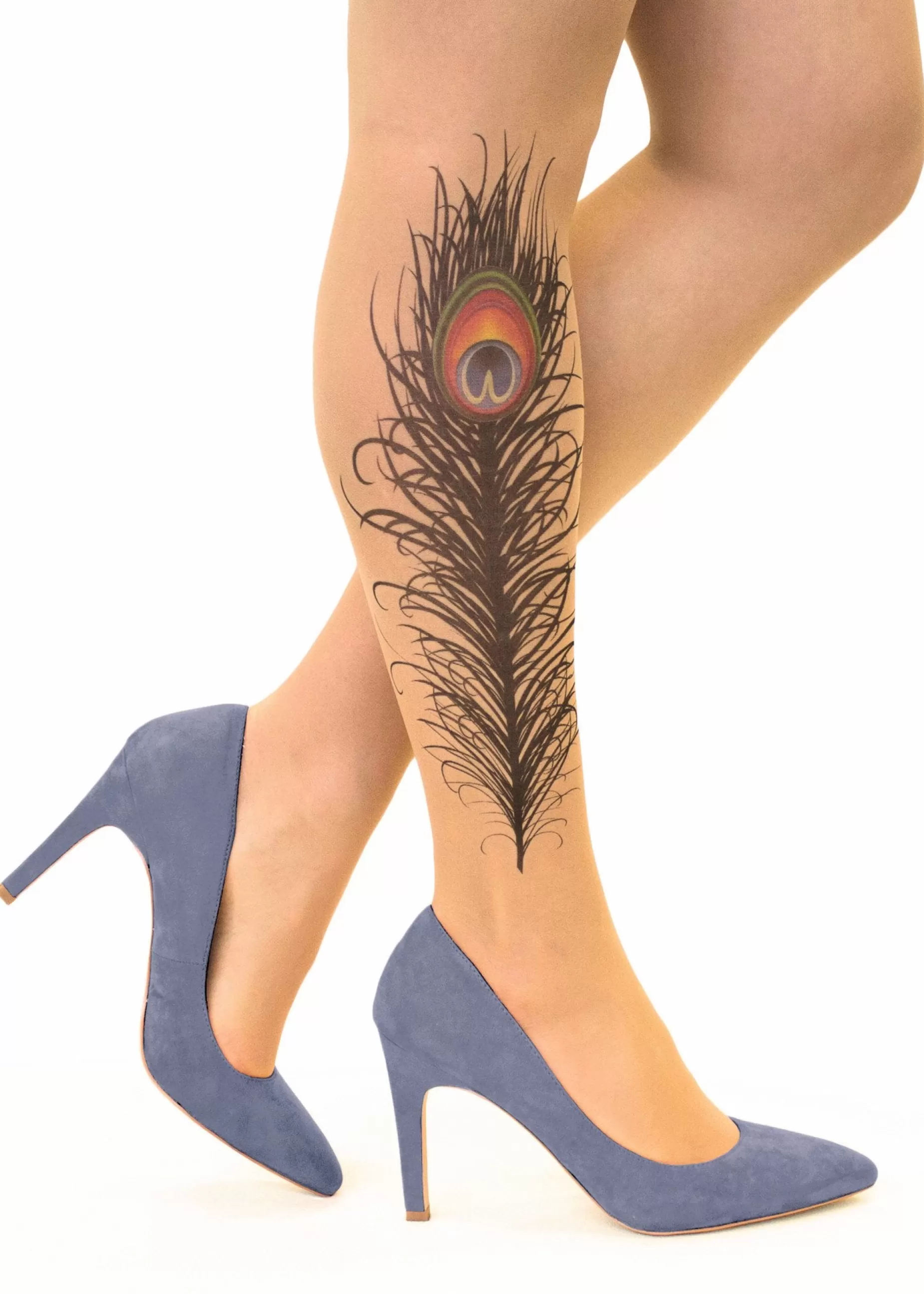 Tattoo Tights | Stop & Stare Peacock Feather Tattoo Tights By Sun: Medium Tan With Peachy Brown Tones For A Healthy Sun Tan Effect