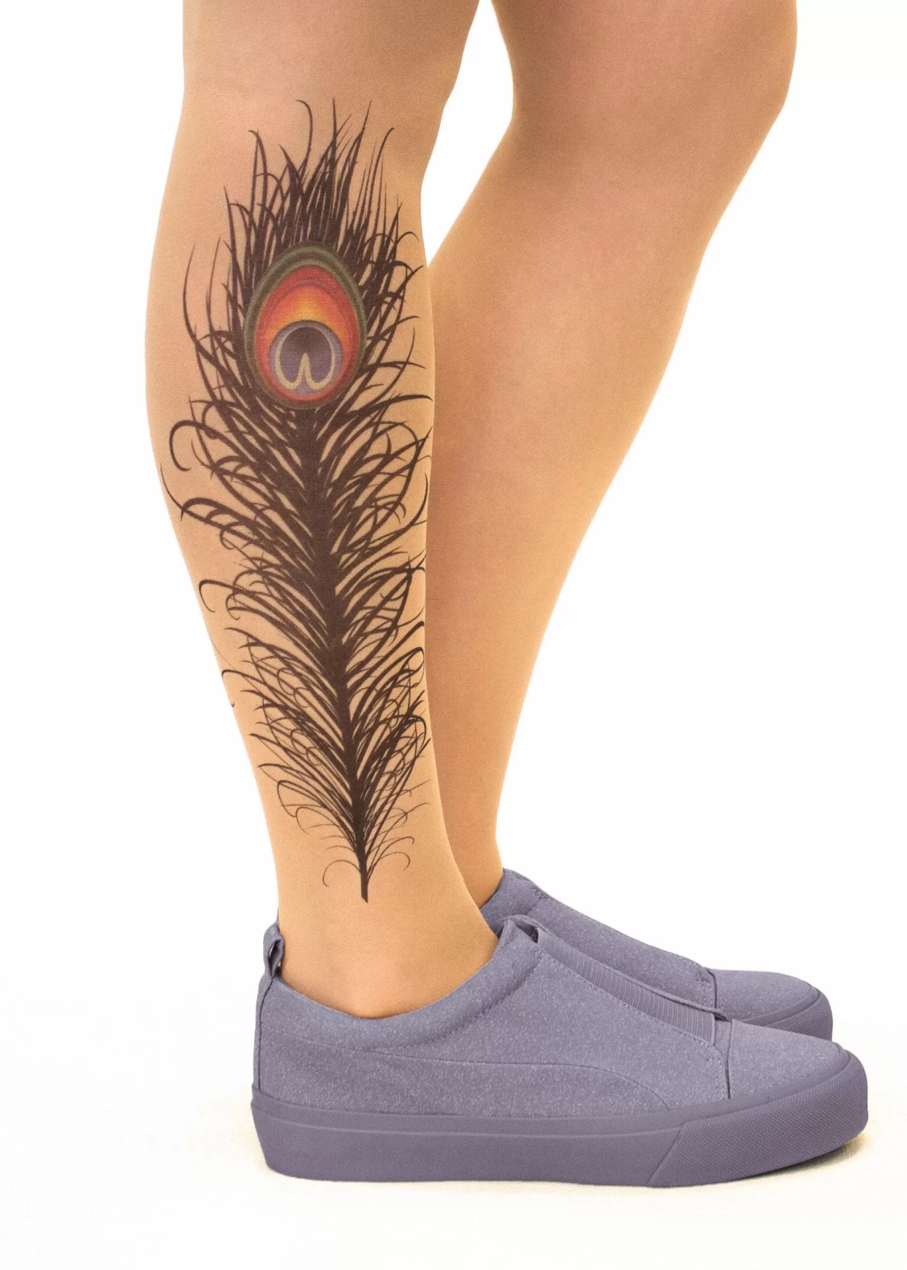 Patterned Tights | Stop & Stare Peacock Feather Tattoo Tights By Sun: Medium Tan With Peachy Brown Tones For A Healthy Sun Tan Effect