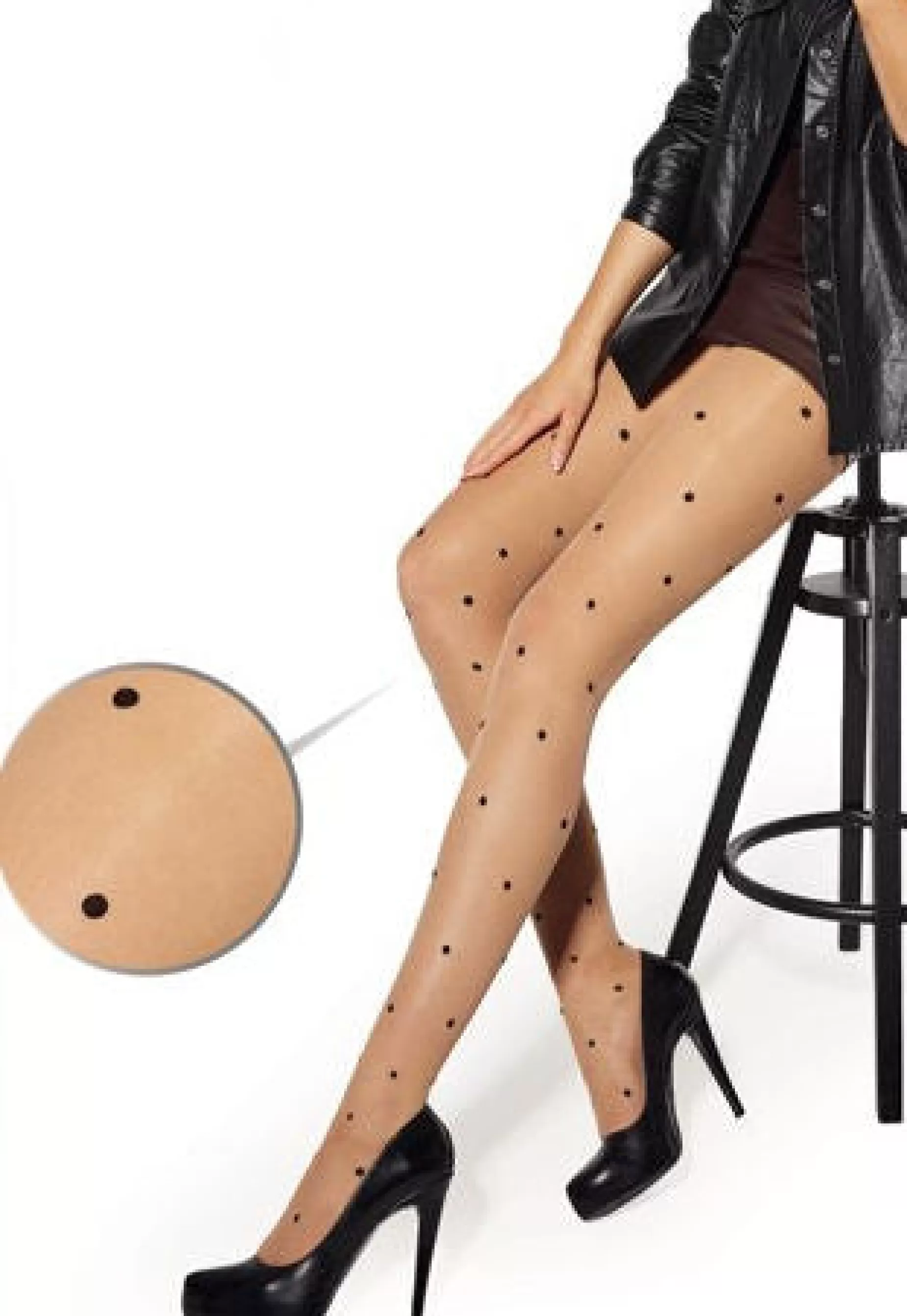 Patterned Tights | Adrian Pissi Polka Dot Patterned Sheer Tights By Natural-Nero: Tan With Black Design