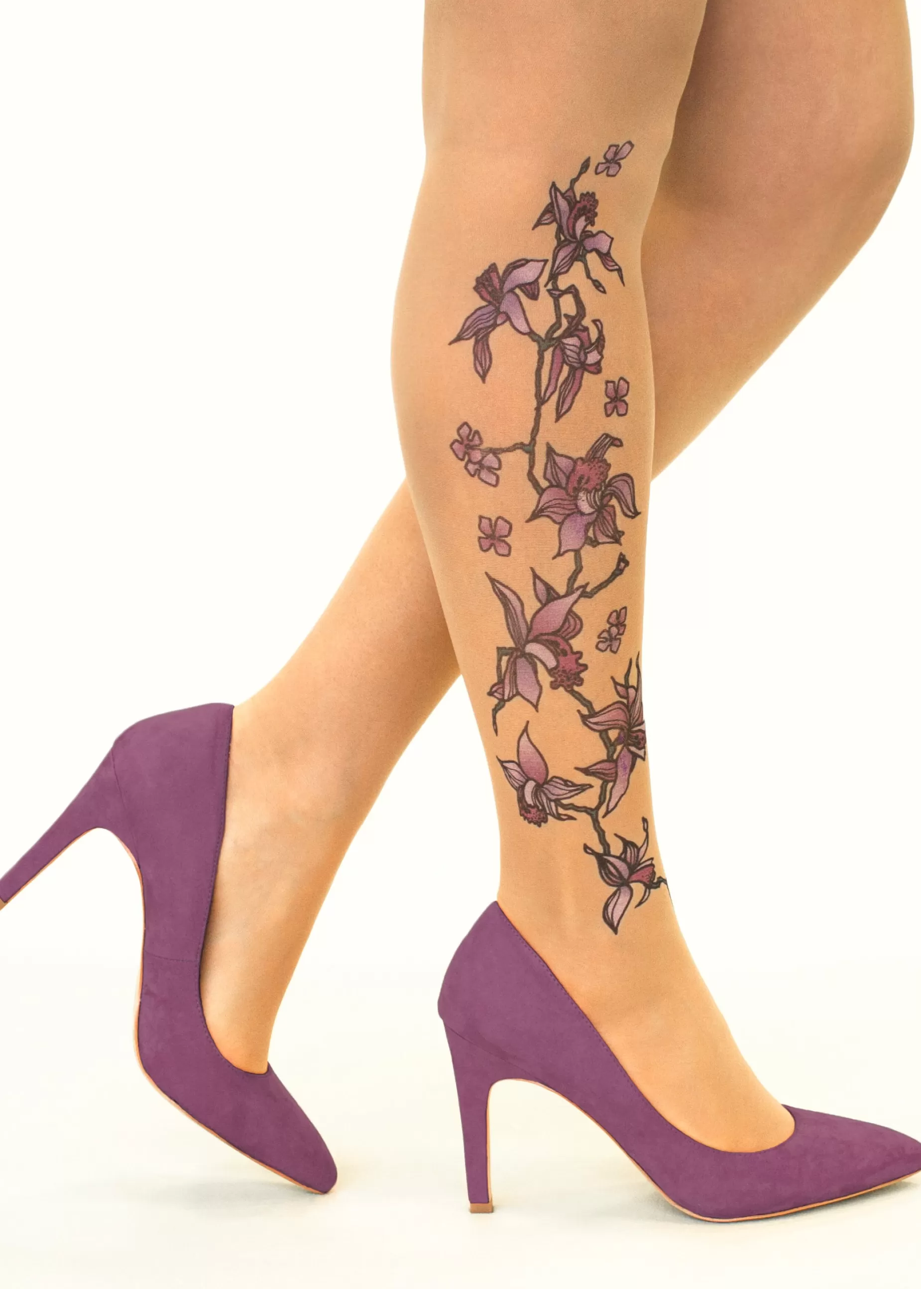 Tattoo Tights | Stop & Stare Purple Orchids Tattoo Tights By Sun: Medium Tan With Peachy Brown Tones For A Healthy Sun Tan Effect
