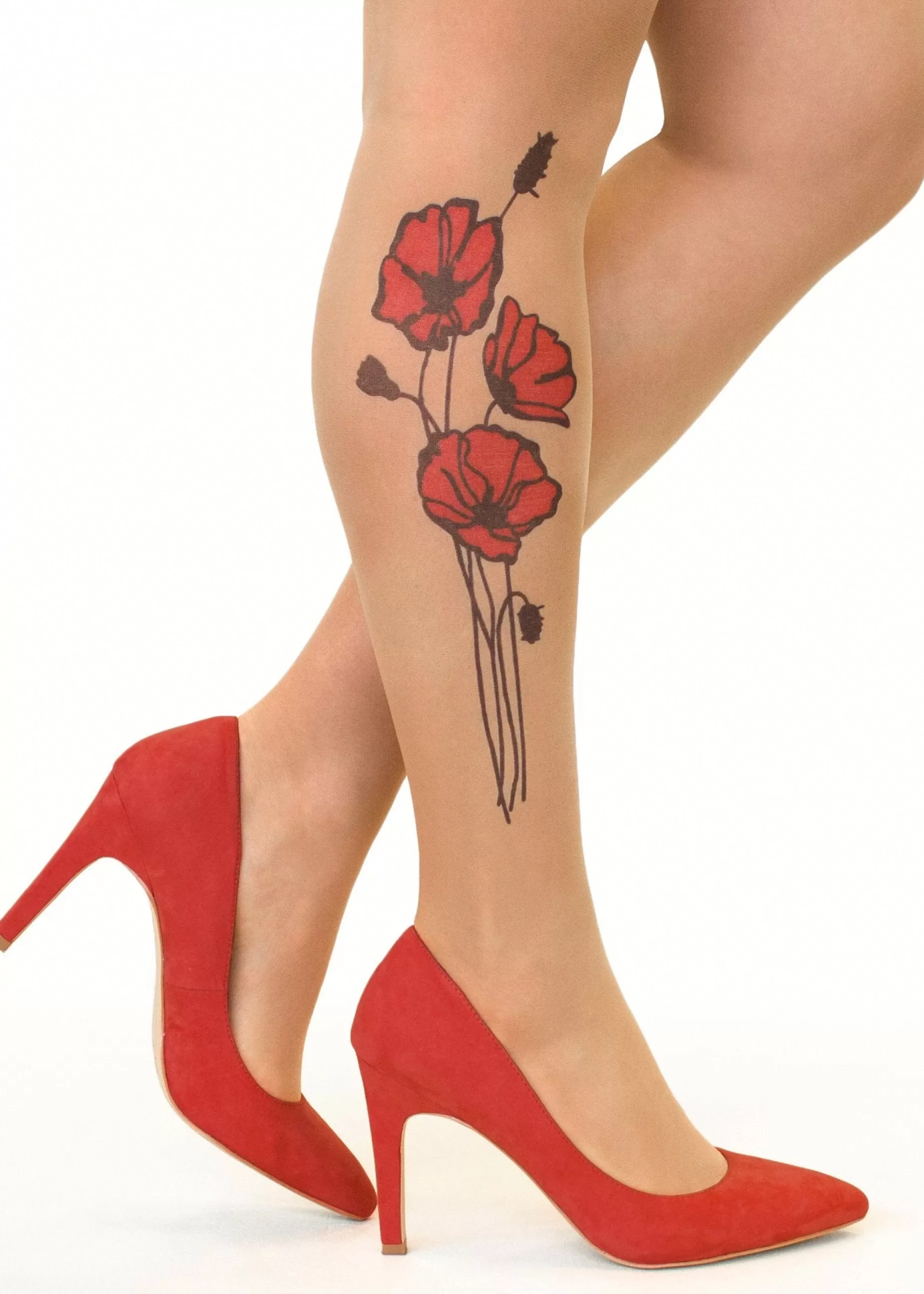 Tattoo Tights | Stop & Stare Red Poppies Tattoo Tights By Sun: Medium Tan With Peachy Brown Tones For A Healthy Sun Tan Effect