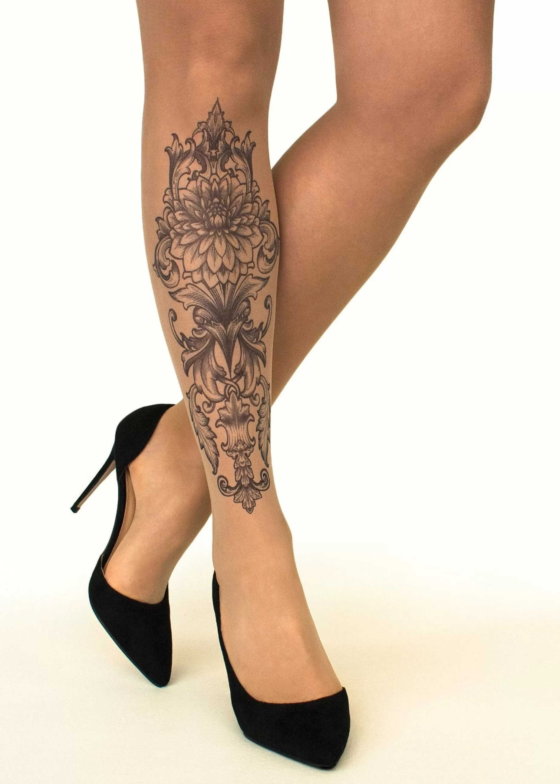 Tattoo Tights | Stop & Stare Royal Lotus Tattoo Tights By Sun: Medium Tan With Peachy Brown Tones For A Healthy Sun Tan Effect