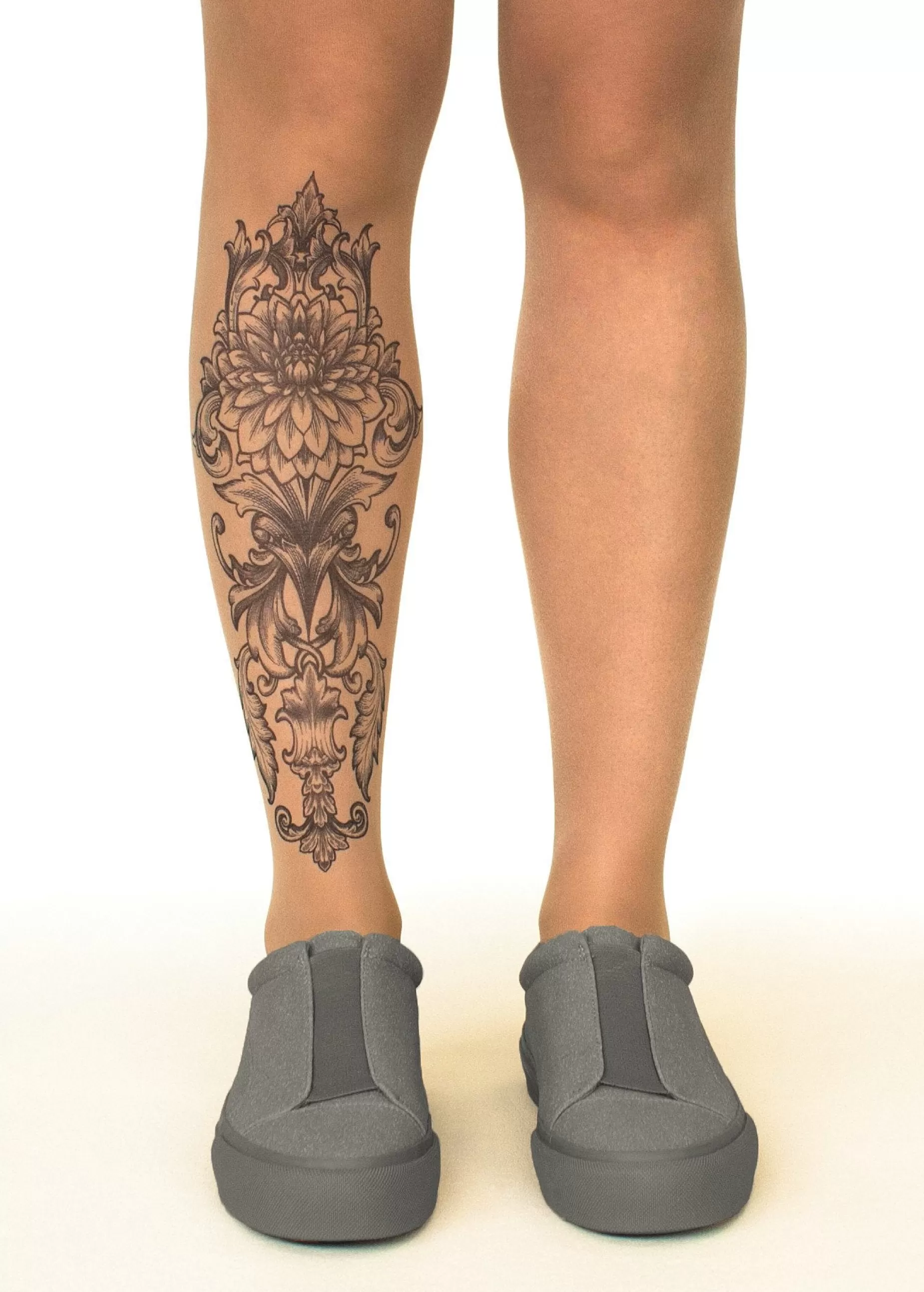 Tattoo Tights | Stop & Stare Royal Lotus Tattoo Tights By Sun: Medium Tan With Peachy Brown Tones For A Healthy Sun Tan Effect