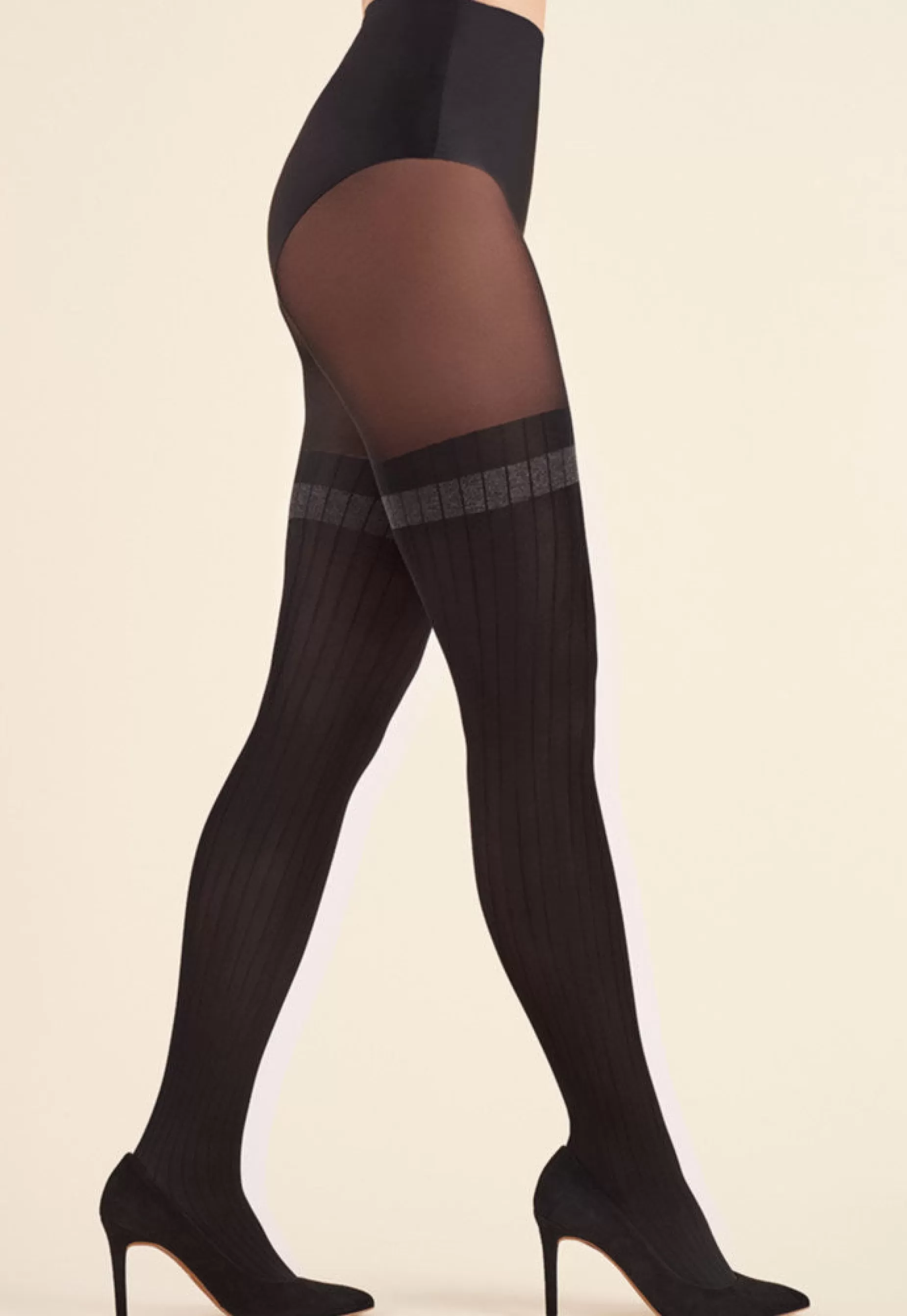 Cable Knit & Ribbed Tights | Gabriella Scala Wide Ribbed Over-Knee Sock Opaque Tights By Nero: Black