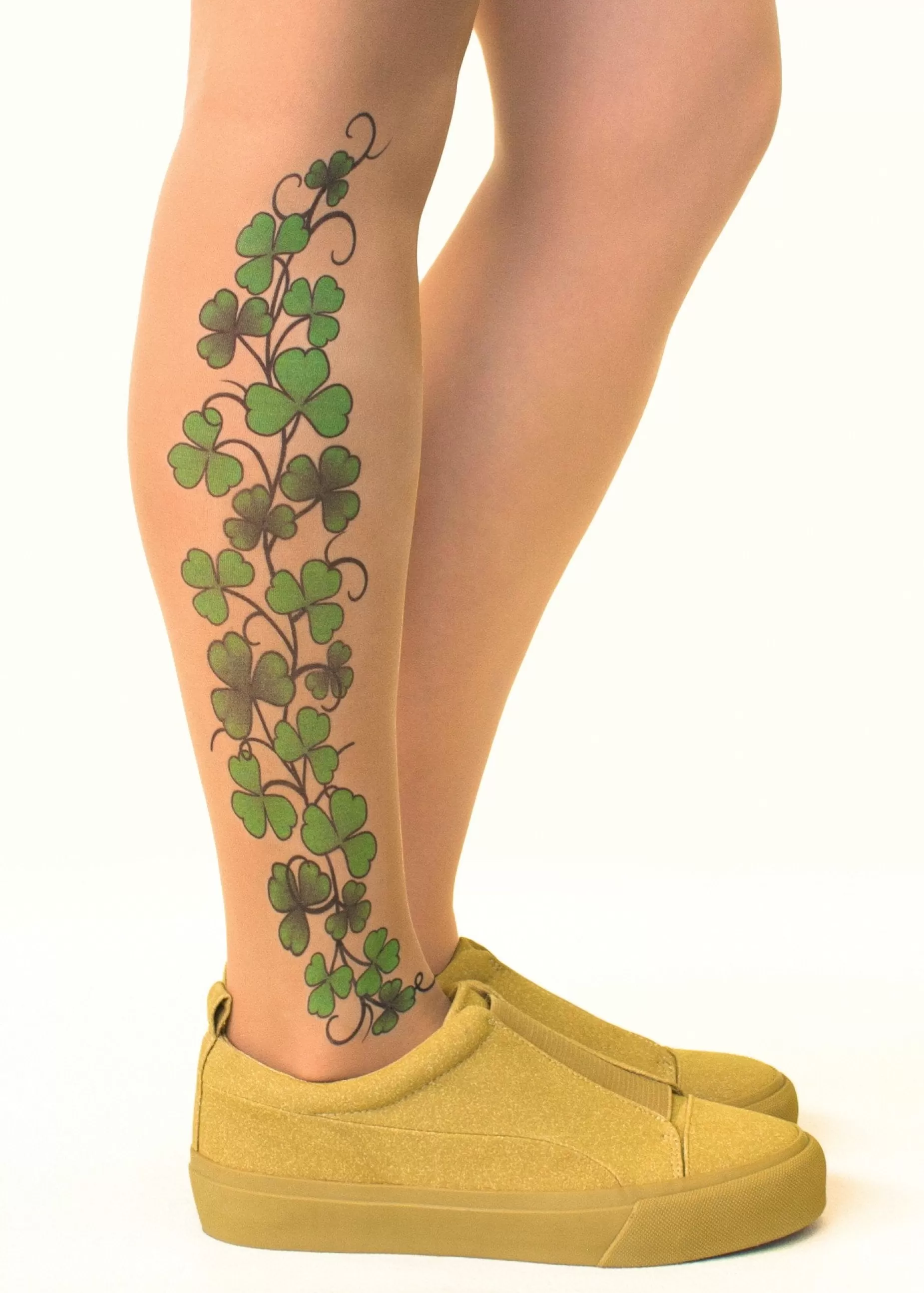 Patterned Tights | Stop & Stare Shamrock Vine Tattoo Tights By Sun: Medium Tan With Peachy Brown Tones For A Healthy Sun Tan Effect