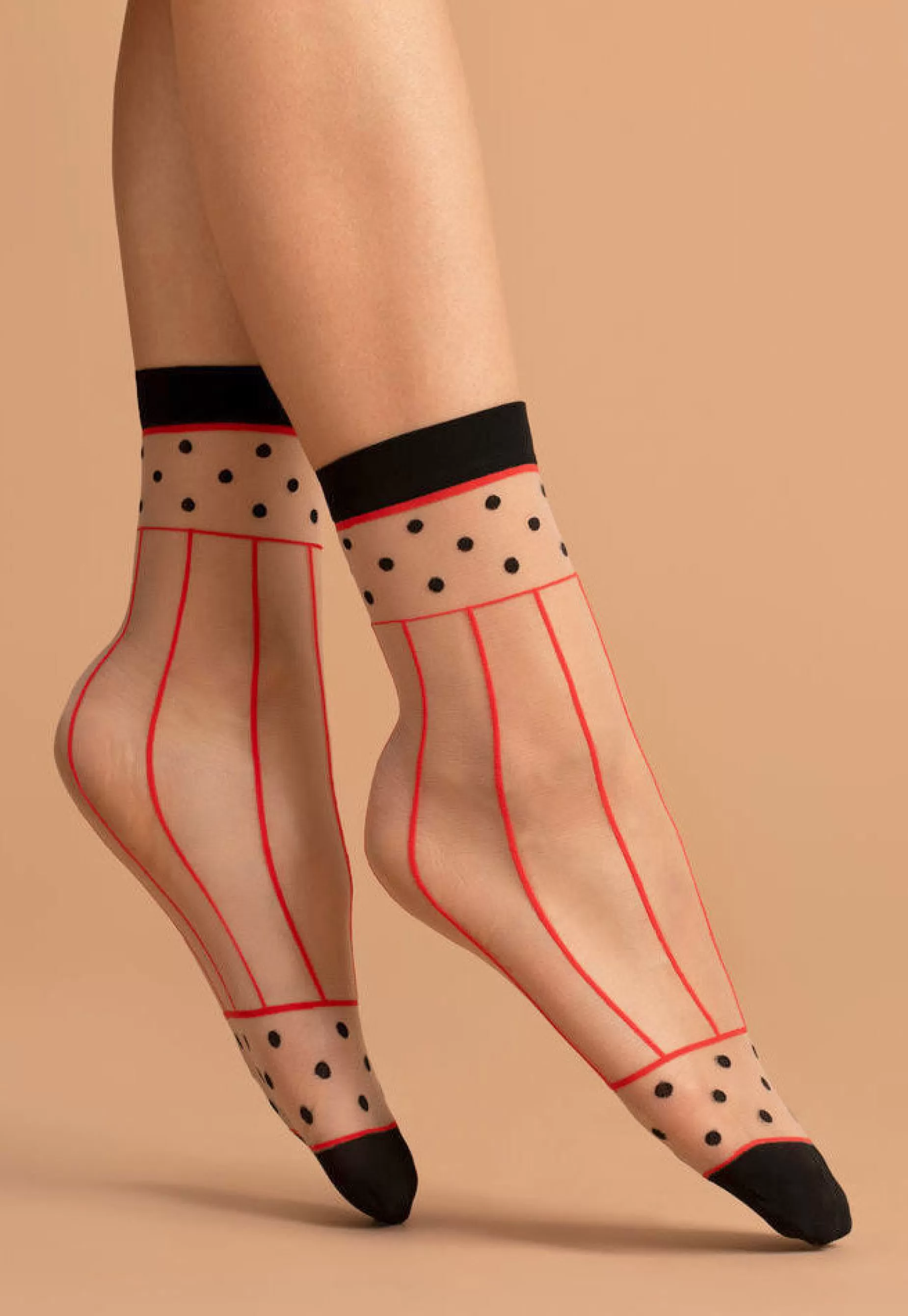 Ankle Socks | Fiore Spicy Lines & Dots Patterned Sheer Socks By Poudre: Warm Nude Shade