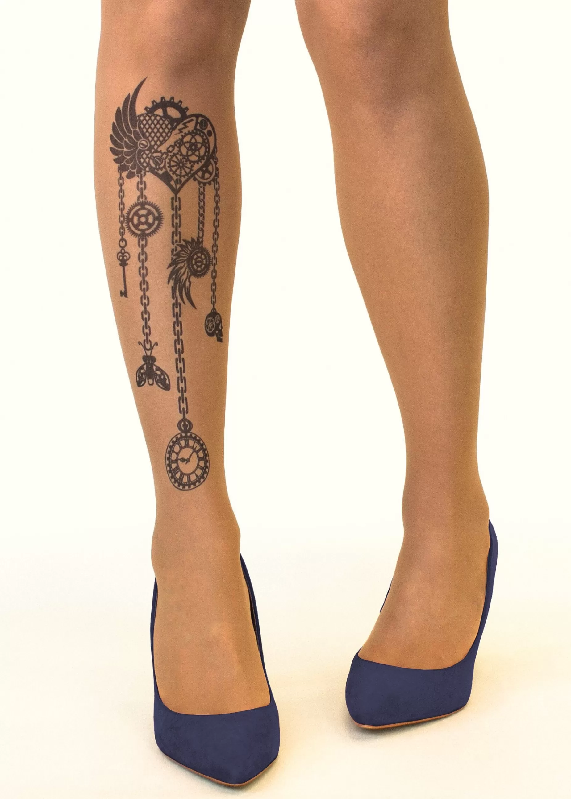 Patterned Tights | Stop & Stare Steampunk Heart Tattoo Tights By Sun: Medium Tan With Peachy Brown Tones For A Healthy Sun Tan Effect