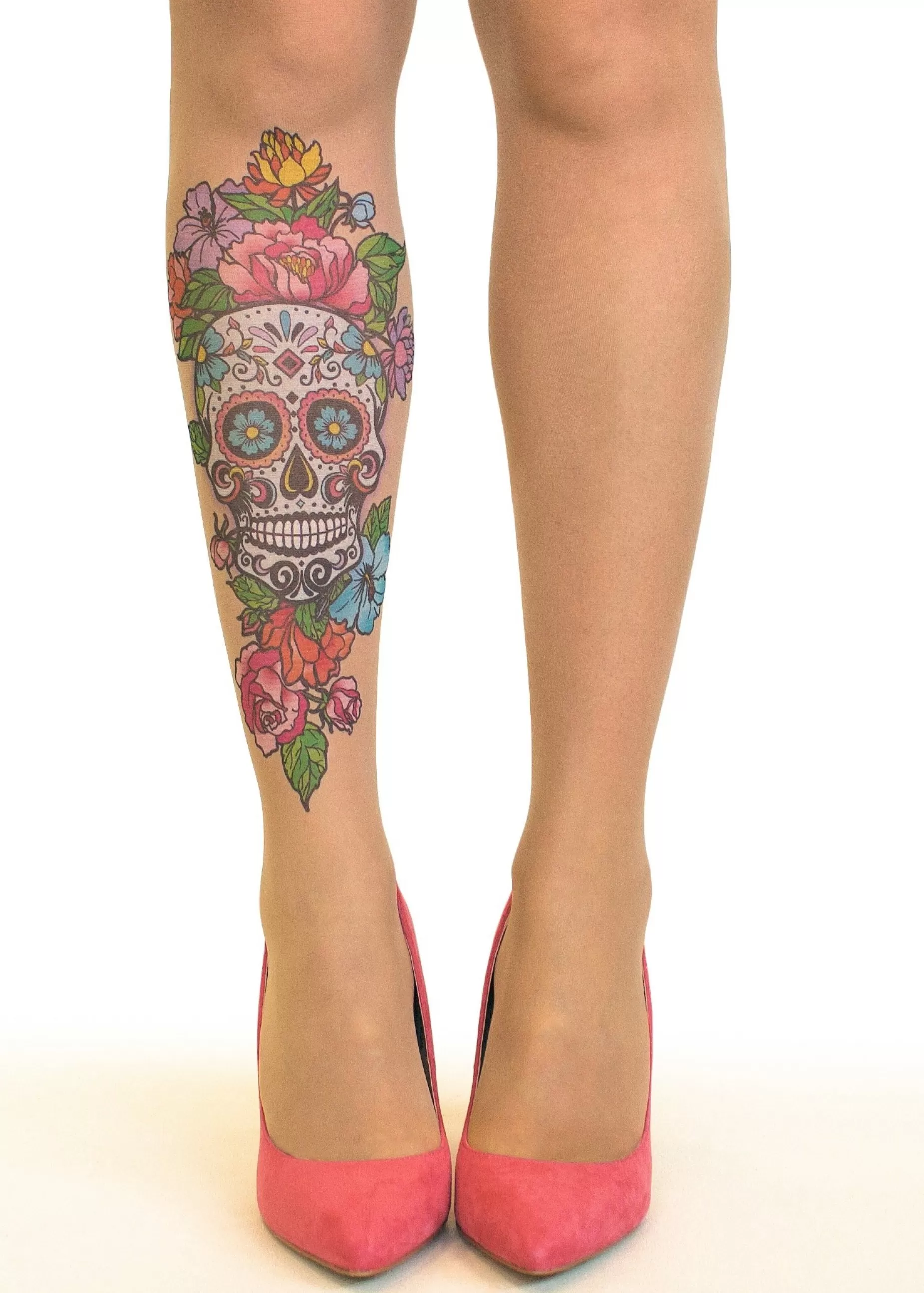 Patterned Tights | Stop & Stare Sugar Skull Tattoo Tights By Sun: Medium Tan With Peachy Brown Tones For A Healthy Sun Tan Effect