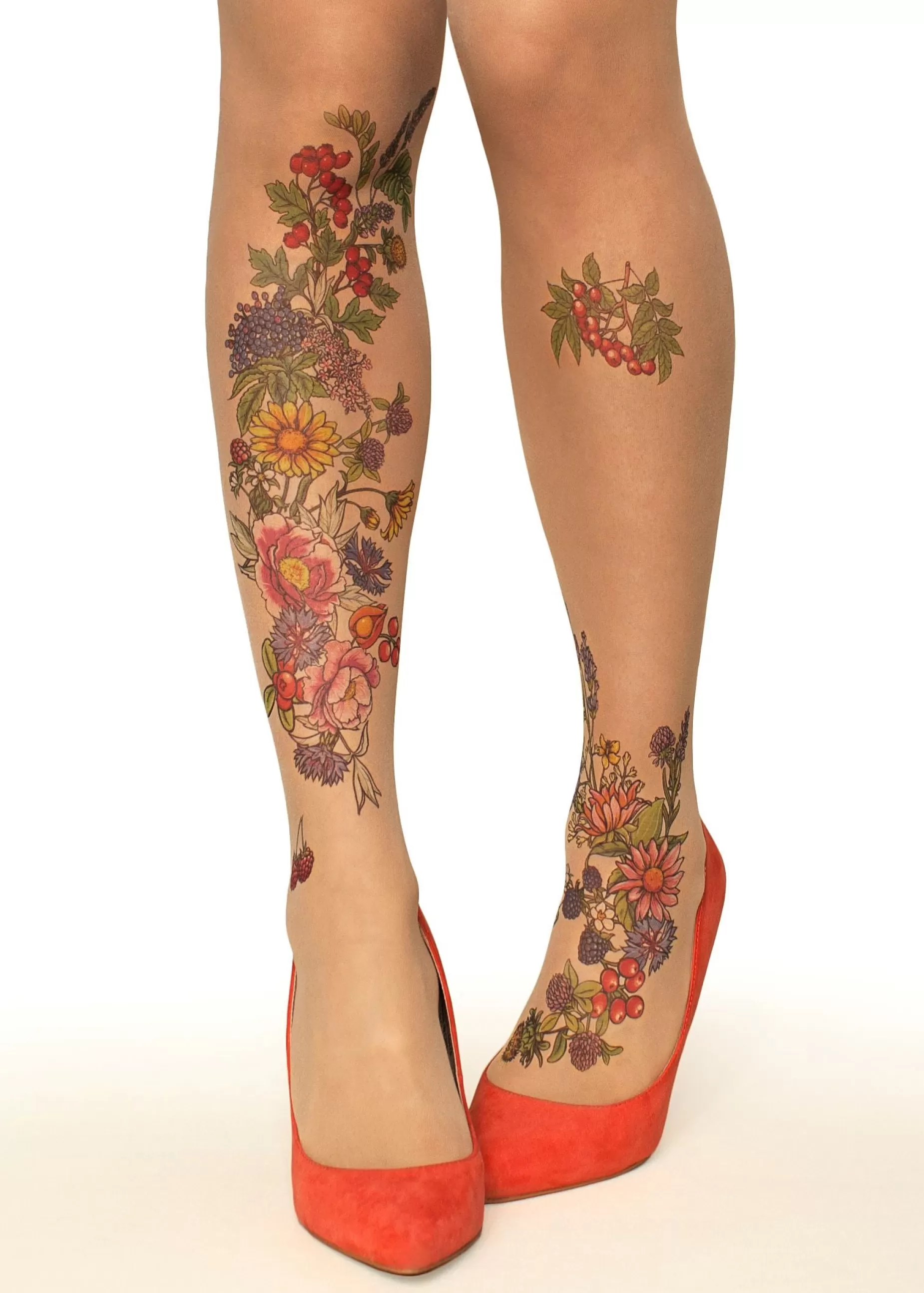 Patterned Tights | Stop & Stare Summer Garden Tattoo Tights By Sun: Medium Tan With Peachy Brown Tones For A Healthy Sun Tan Effect