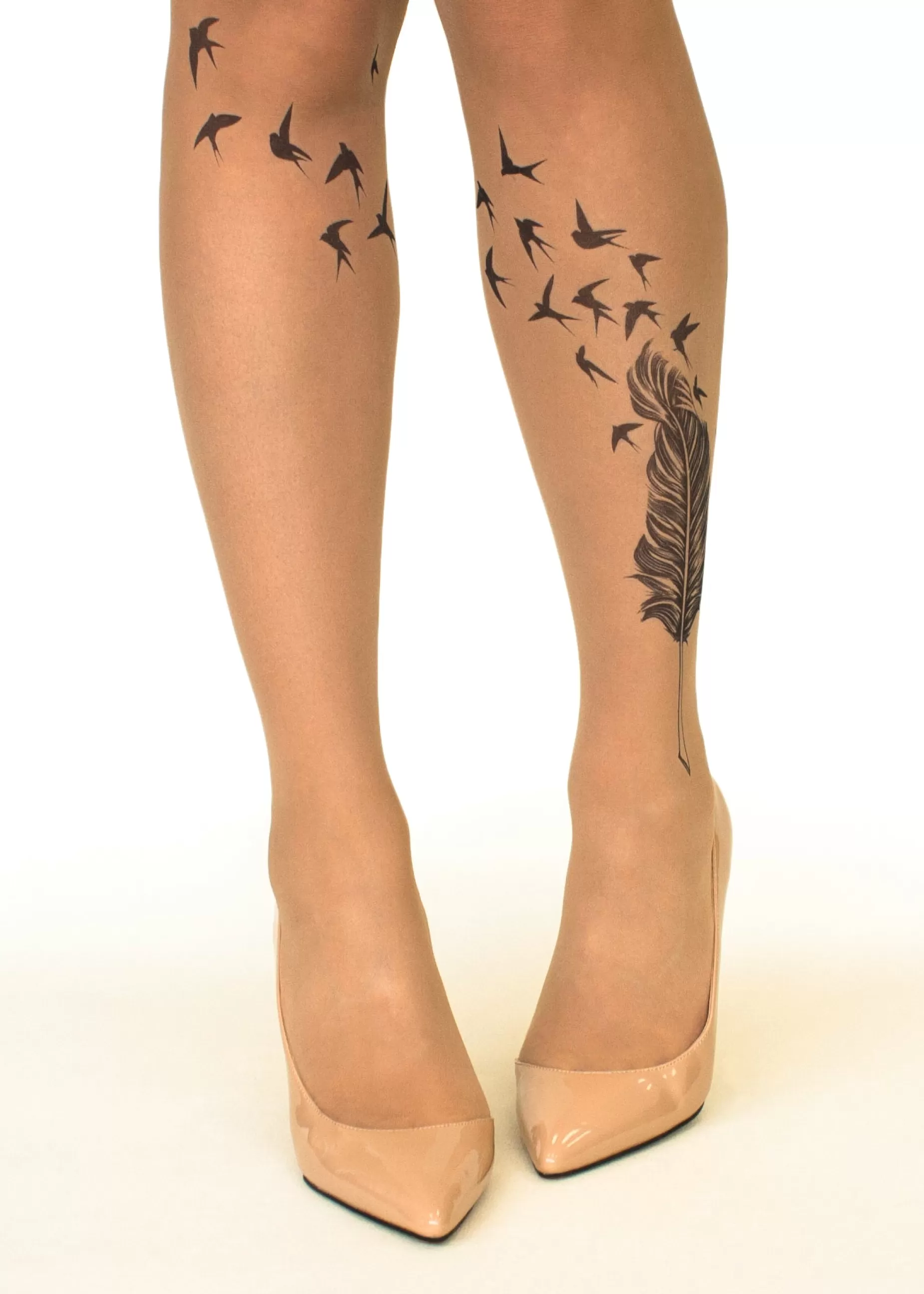 Animal Print Tights | Stop & Stare Swallow Feather Tattoo Tights By Sun: Medium Tan With Peachy Brown Tones For A Healthy Sun Tan Effect