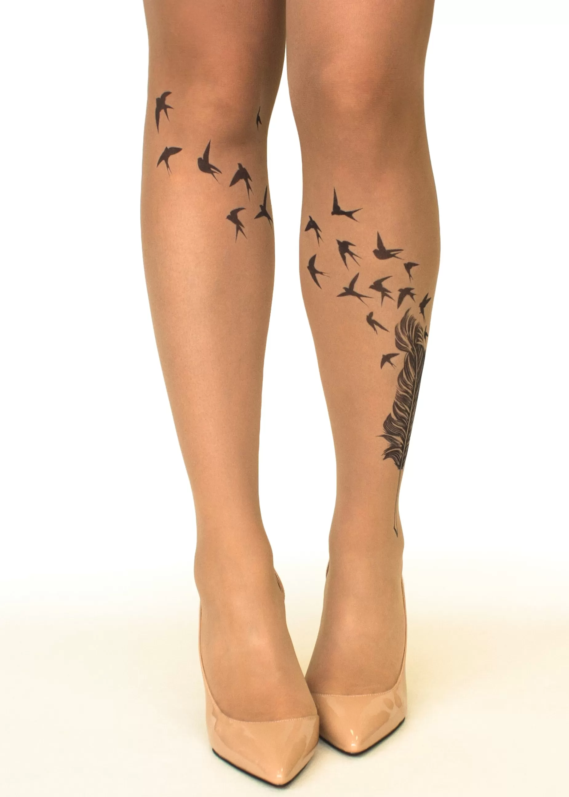 Animal Print Tights | Stop & Stare Swallow Feather Tattoo Tights By Sun: Medium Tan With Peachy Brown Tones For A Healthy Sun Tan Effect