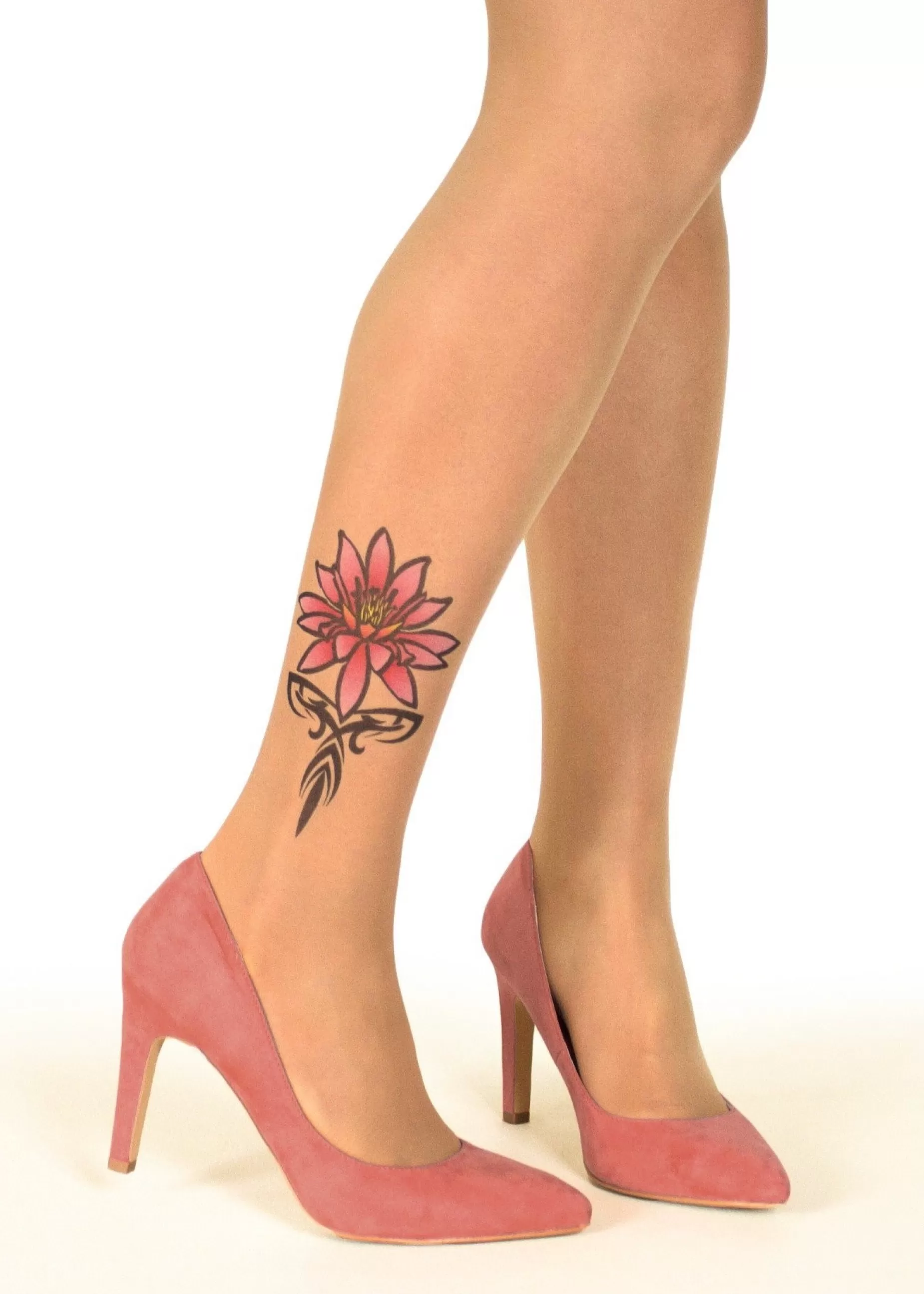 Tattoo Tights | Stop & Stare Tribal Water Lily Tattoo Tights By Sun: Medium Tan With Peachy Brown Tones For A Healthy Sun Tan Effect
