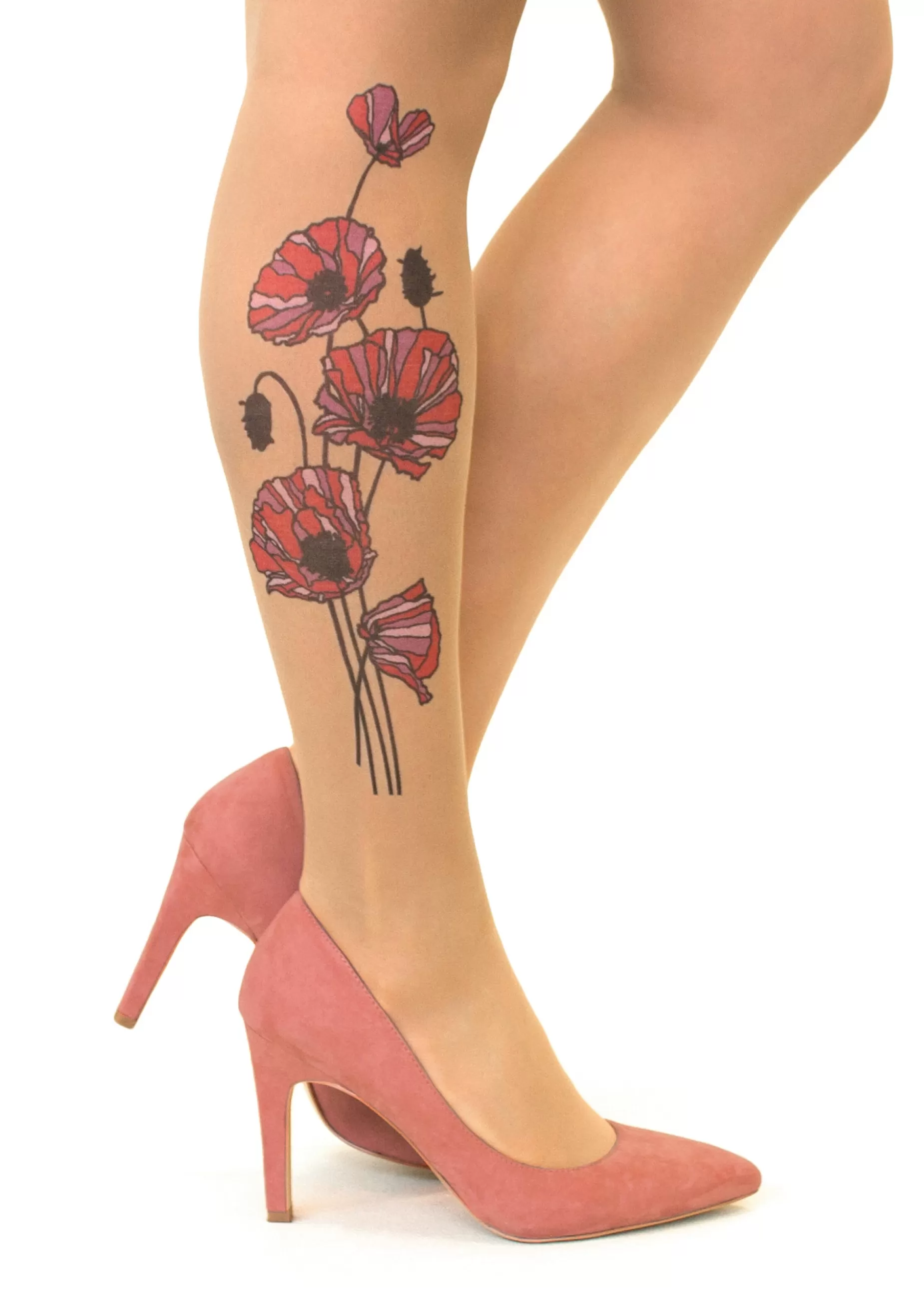 Tattoo Tights | Stop & Stare Tricolour Poppies Tattoo Tights By Sun: Medium Tan With Peachy Brown Tones For A Healthy Sun Tan Effect