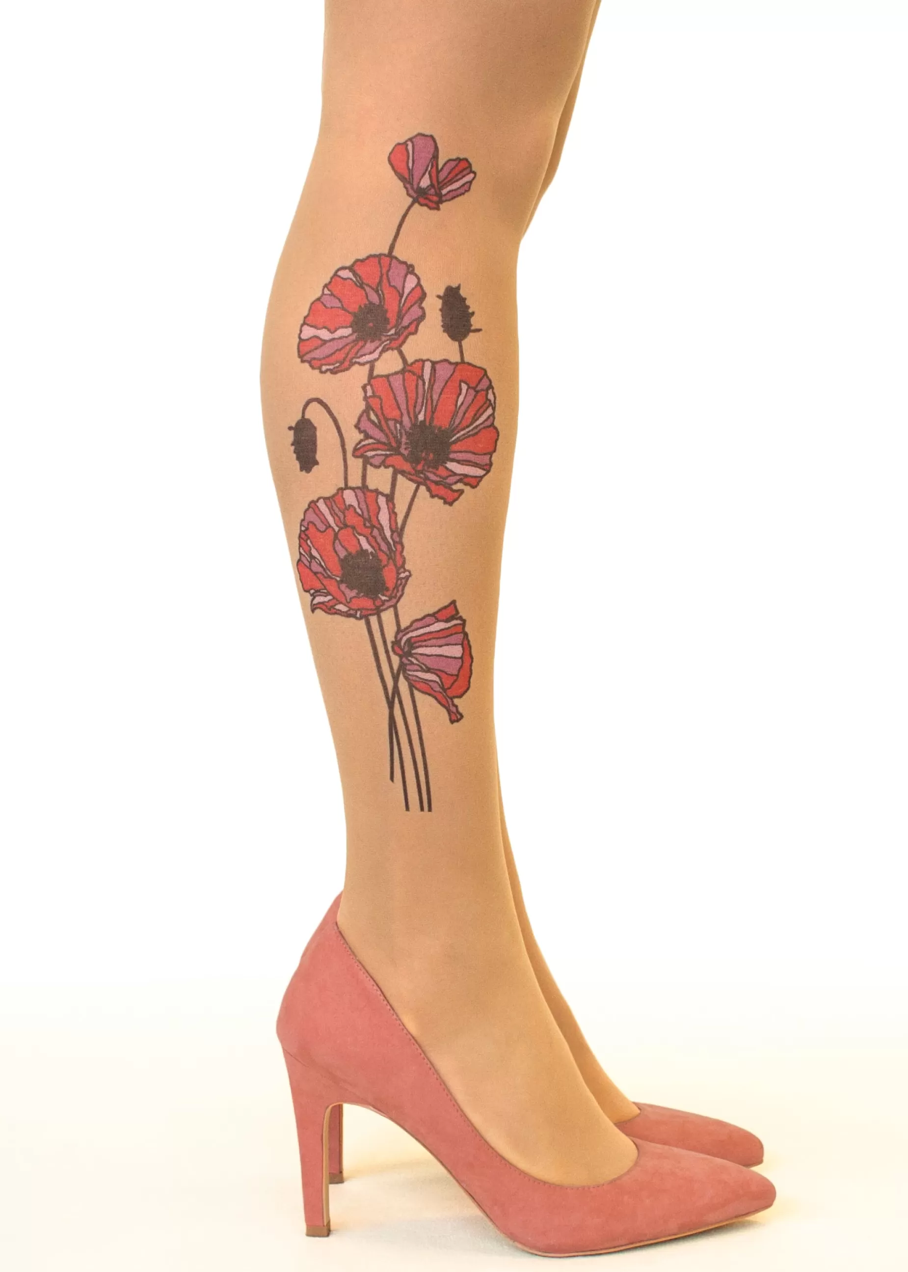 Patterned Tights | Stop & Stare Tricolour Poppies Tattoo Tights By Sun: Medium Tan With Peachy Brown Tones For A Healthy Sun Tan Effect