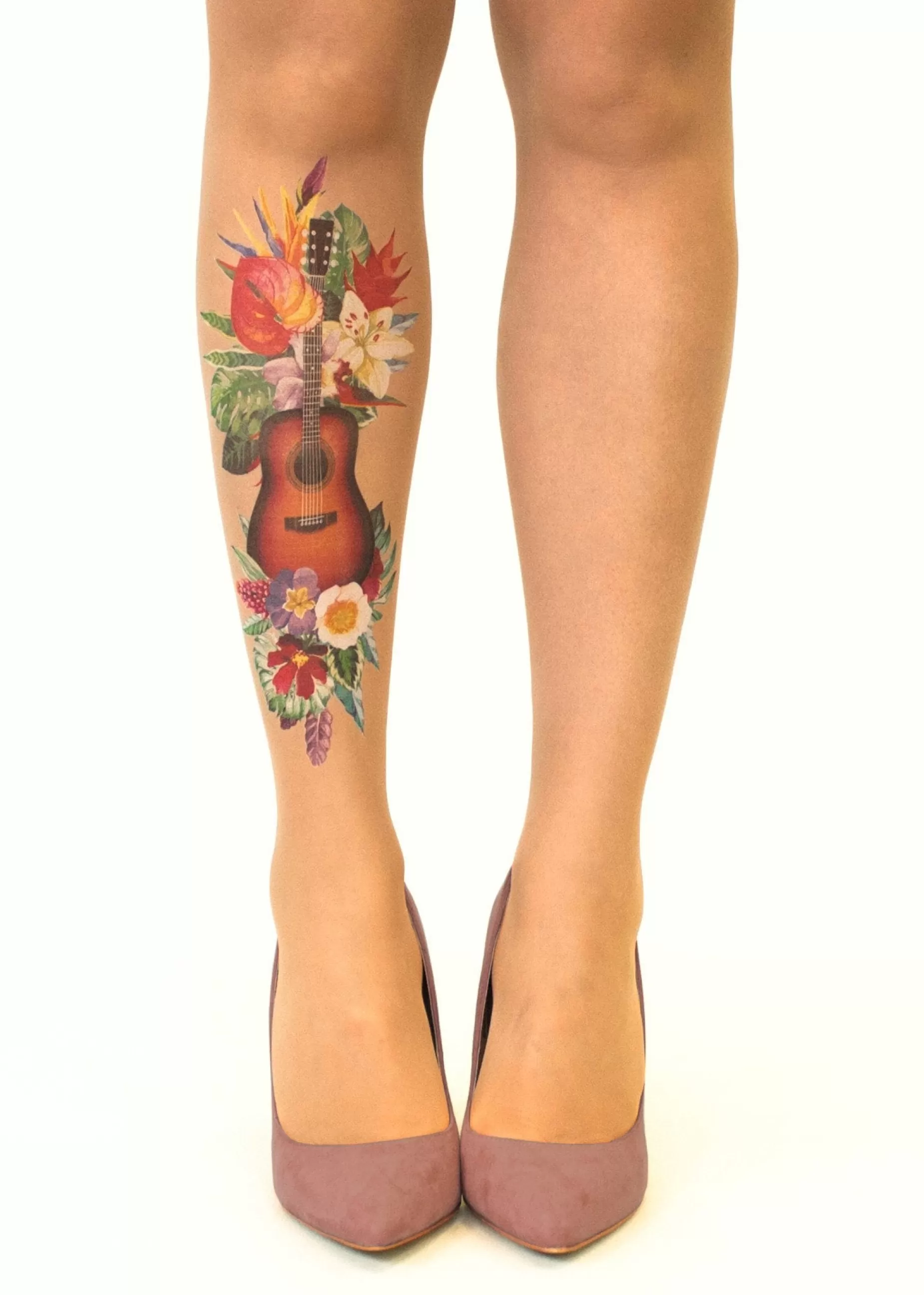 Tattoo Tights | Stop & Stare Tropical Guitar Tattoo Tights By Sun: Medium Tan With Peachy Brown Tones For A Healthy Sun Tan Effect
