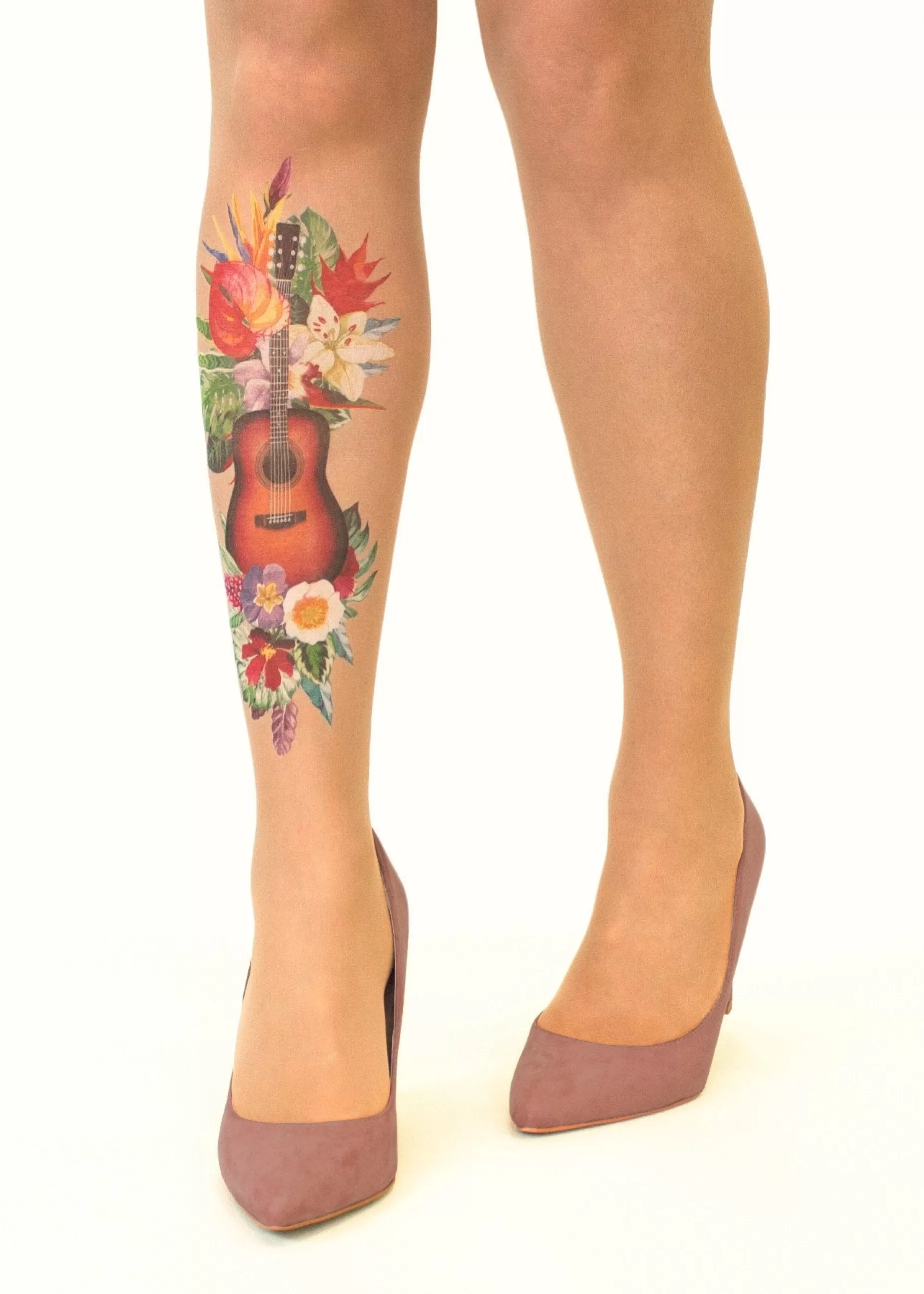 Patterned Tights | Stop & Stare Tropical Guitar Tattoo Tights By Sun: Medium Tan With Peachy Brown Tones For A Healthy Sun Tan Effect