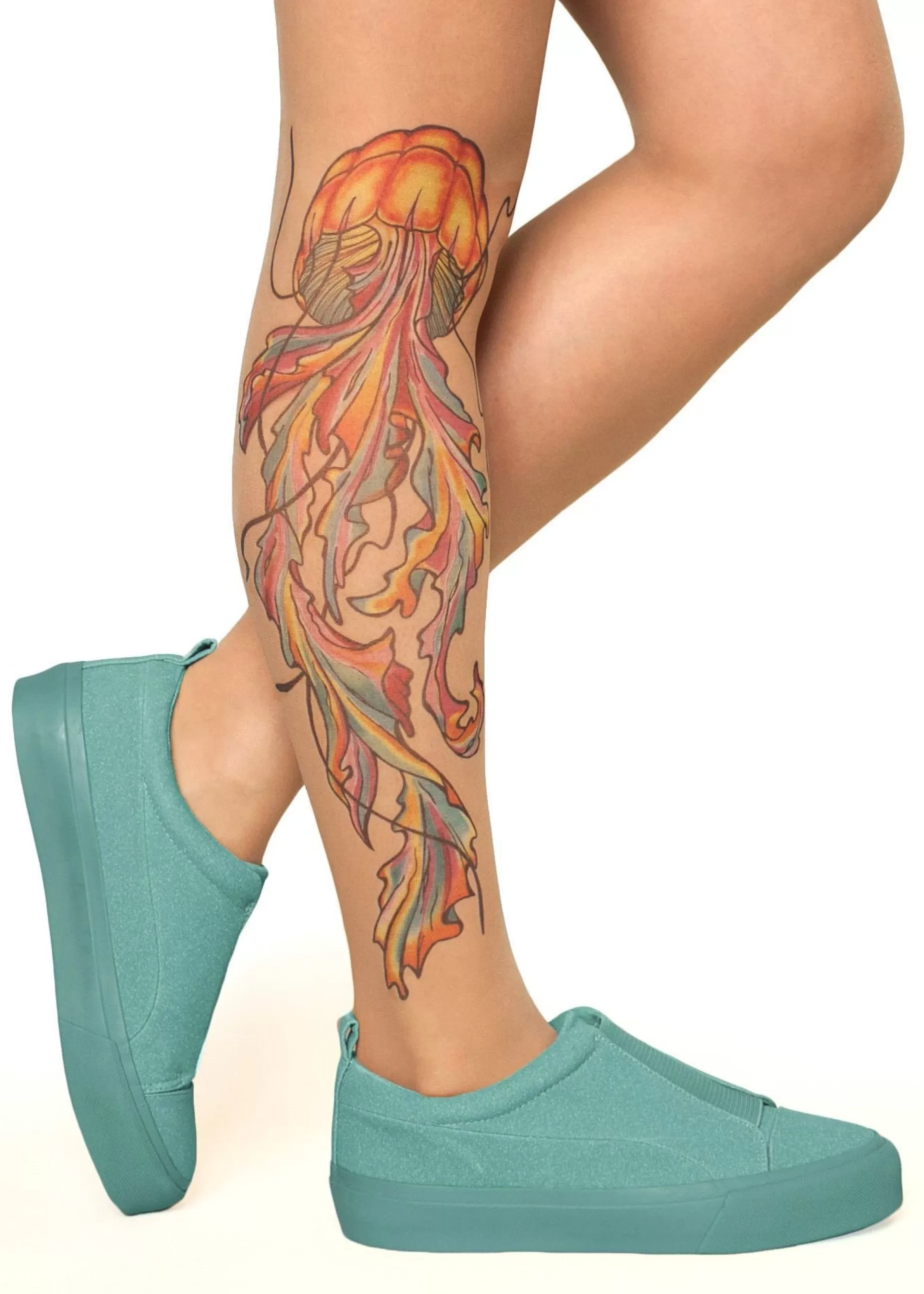 Animal Print Tights | Stop & Stare Watercolour Jellyfish Tattoo Tights By Sun: Medium Tan With Peachy Brown Tones For A Healthy Sun Tan Effect