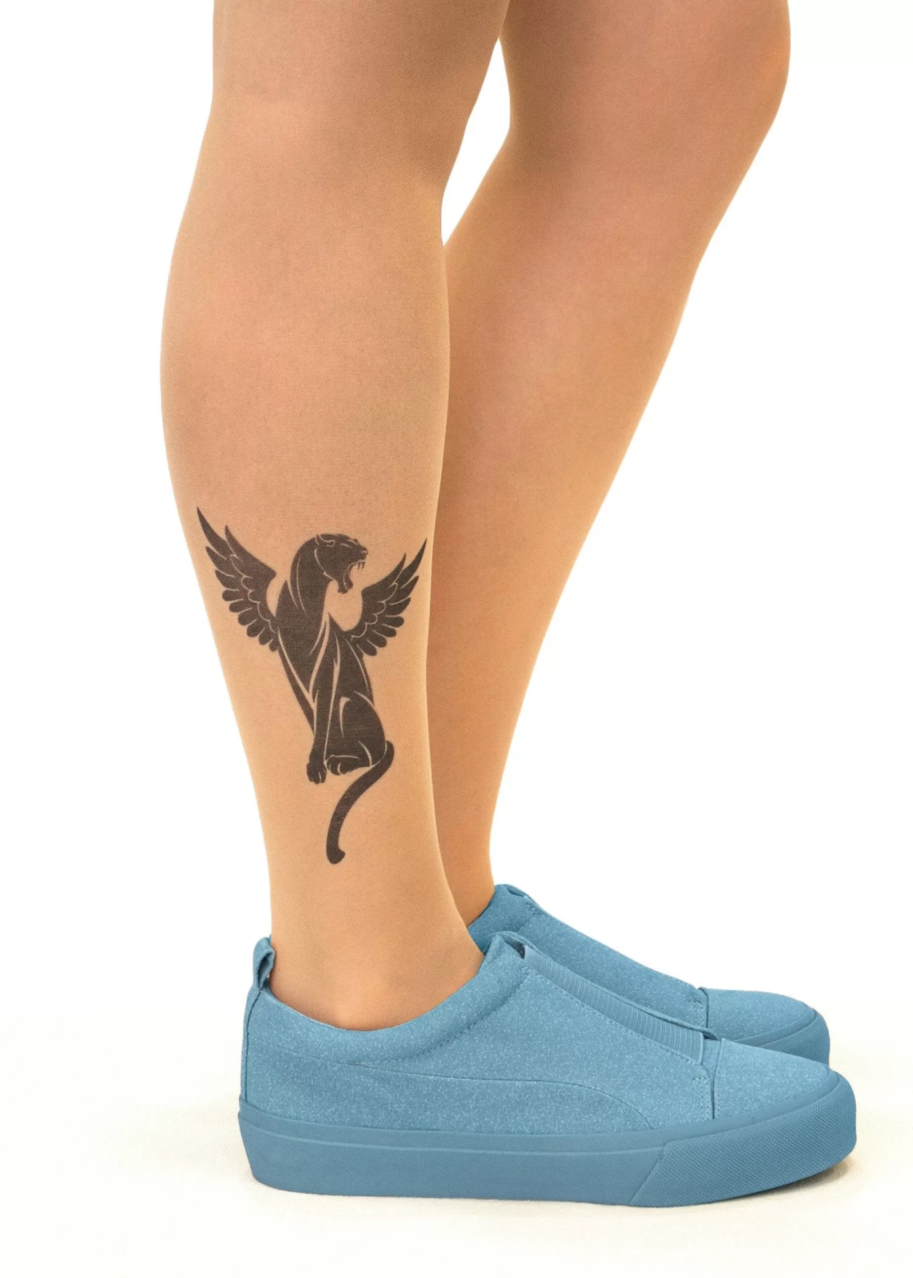 Animal Print Tights | Stop & Stare Winged Panther Tattoo Tights By Sun: Medium Tan With Peachy Brown Tones For A Healthy Sun Tan Effect
