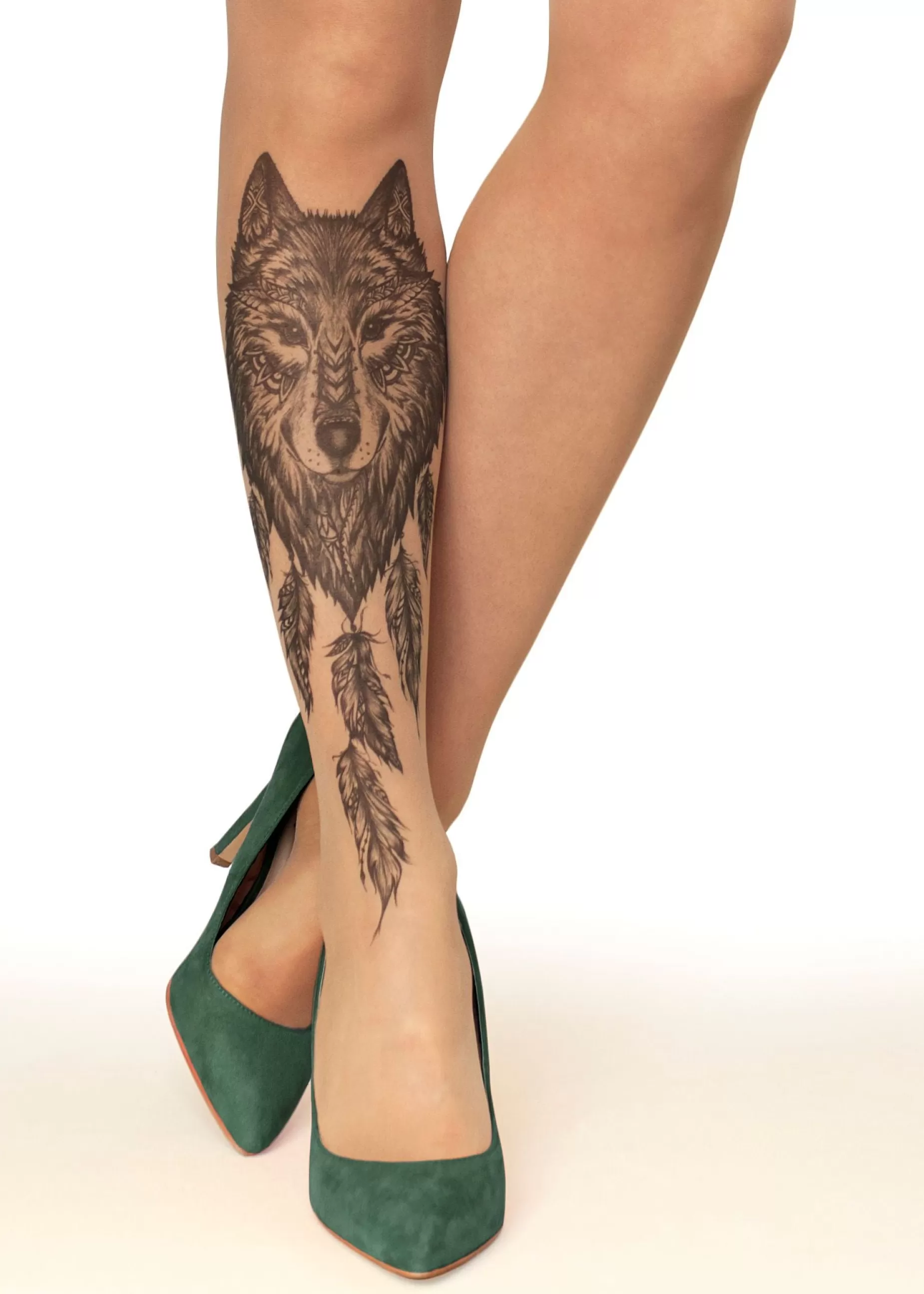 Animal Print Tights | Stop & Stare Wolf Dreamcatcher Tattoo Tights By Sun: Medium Tan With Peachy Brown Tones For A Healthy Sun Tan Effect