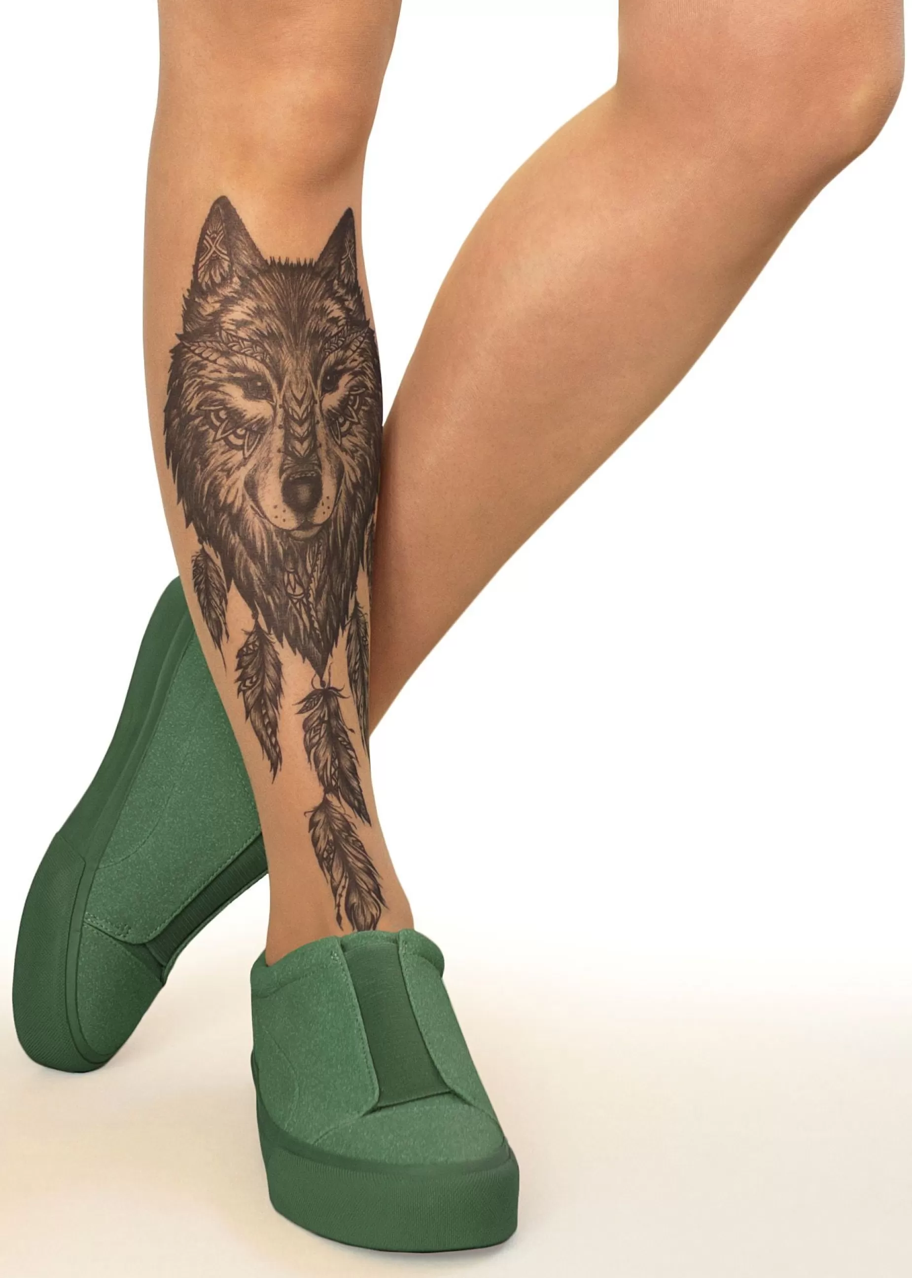 Animal Print Tights | Stop & Stare Wolf Dreamcatcher Tattoo Tights By Sun: Medium Tan With Peachy Brown Tones For A Healthy Sun Tan Effect